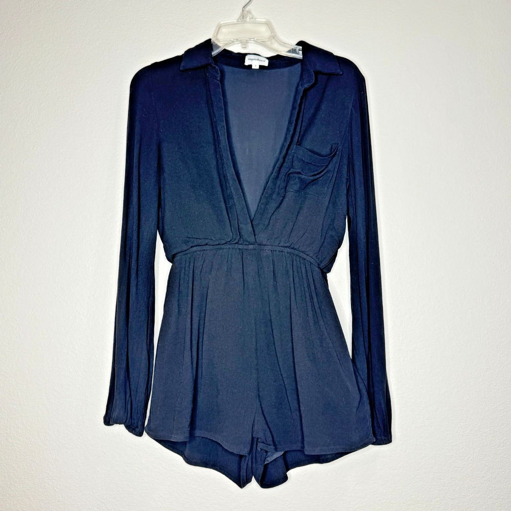 SUPERDOWN Revolve Tracie Collared Romper SMALL Long Sleeve Sexy Flirty Deep V‎